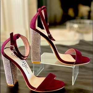 Wine-colored suede sandals, block crystal heel